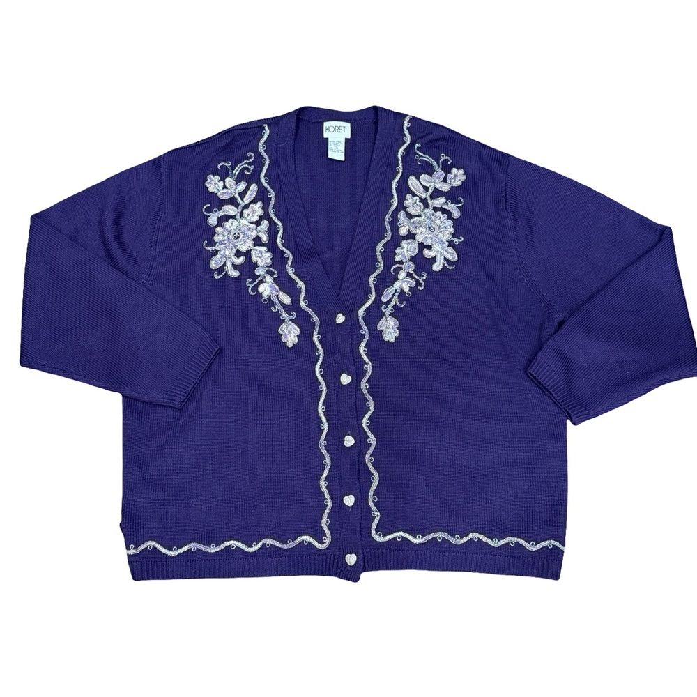 Vtg 80s Koret Wool Blend Metallic Embroidered Cardigan Women’s 3x Purple